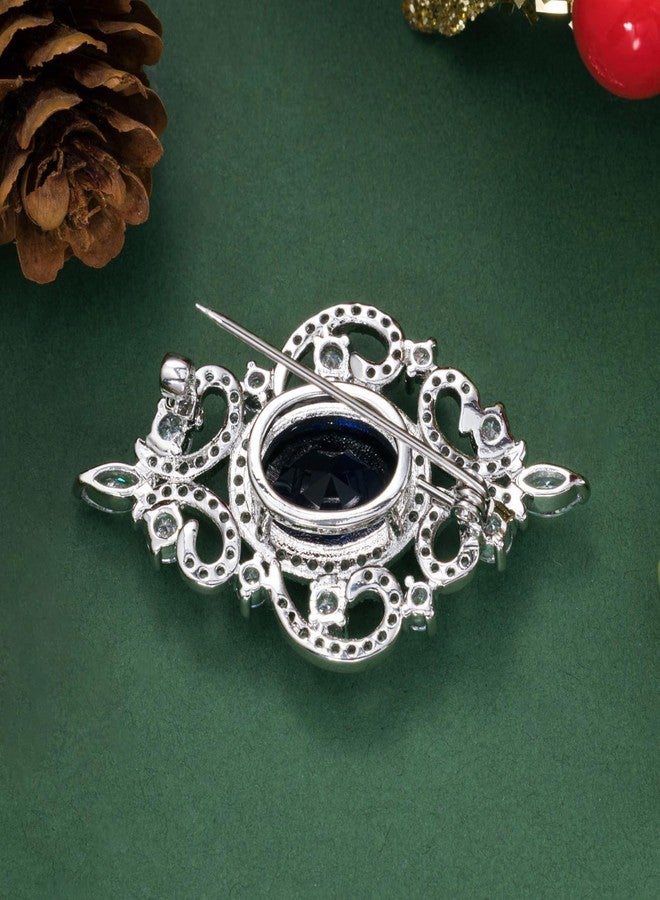SELOVO Vintage Style Women's Blue Oval Sapphire-color CZ Crystal Wedding Bridal Pin Brooch Silver Tone - Image 3