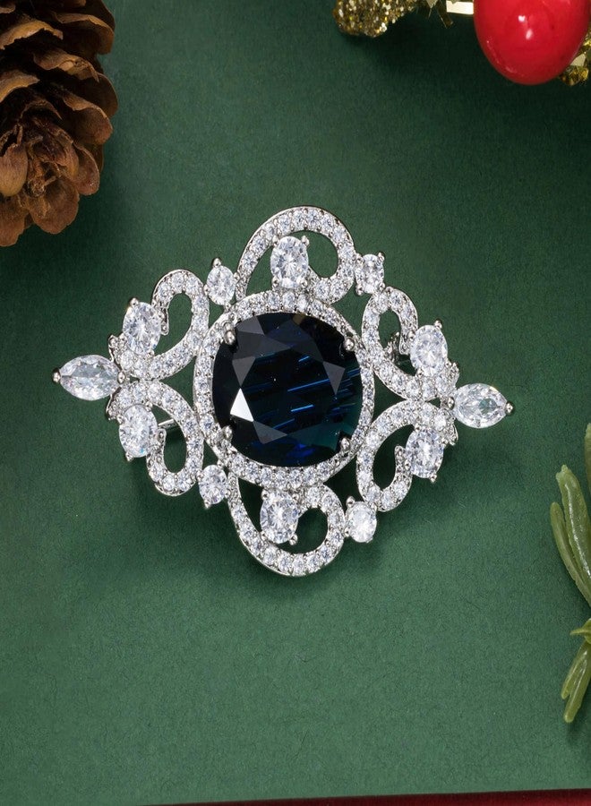 SELOVO Vintage Style Women's Blue Oval Sapphire-color CZ Crystal Wedding Bridal Pin Brooch Silver Tone - Image 2