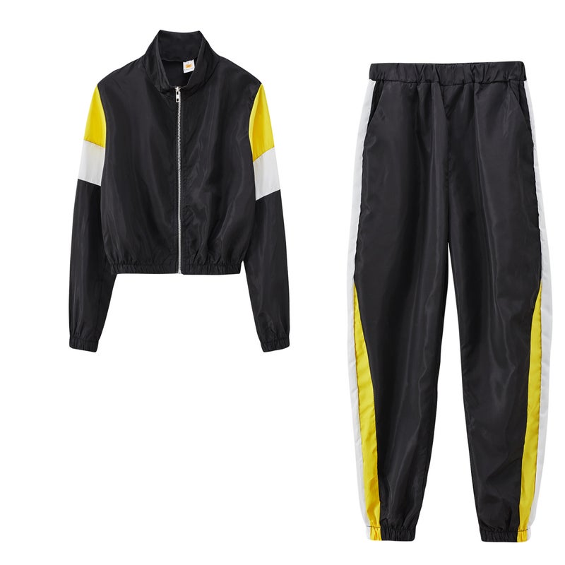 9625#2021 Explosions Independent Station Best Selling European and American Womens Contrast Casual Suit Splicing Sports Two-Piece Suit Color blue - Image 5