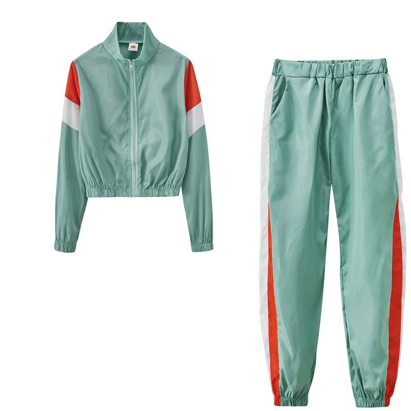 9625#2021 Explosions Independent Station Best Selling European and American Womens Contrast Casual Suit Splicing Sports Two-Piece Suit Color blue - Image 3