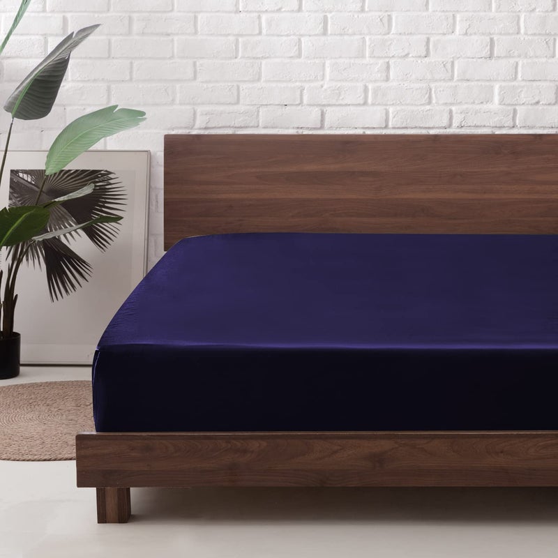 MR&HM MR&HM Satin Fitted Sheet Twin Size  Silky Bottom Sheet with Elastic Corner Straps  Deep Pocket up to 15 Inch  No More Slipping Off for Mattress - 1 Fitted Sheet Only (Navy Blue)  - Image 1