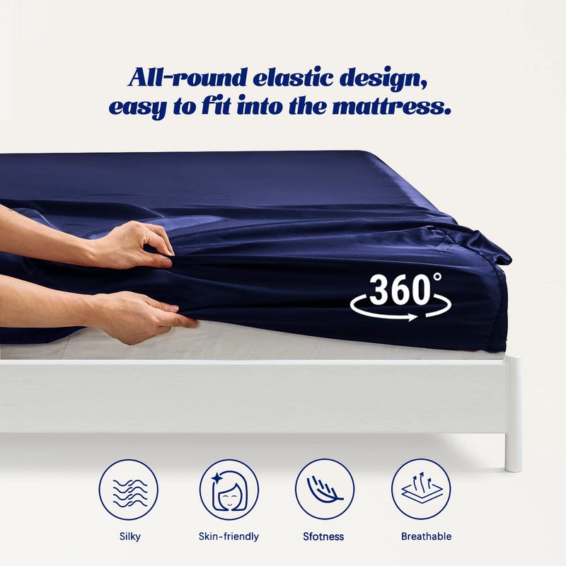 MR&HM MR&HM Satin Fitted Sheet Twin Size  Silky Bottom Sheet with Elastic Corner Straps  Deep Pocket up to 15 Inch  No More Slipping Off for Mattress - 1 Fitted Sheet Only (Navy Blue)  - Image 5