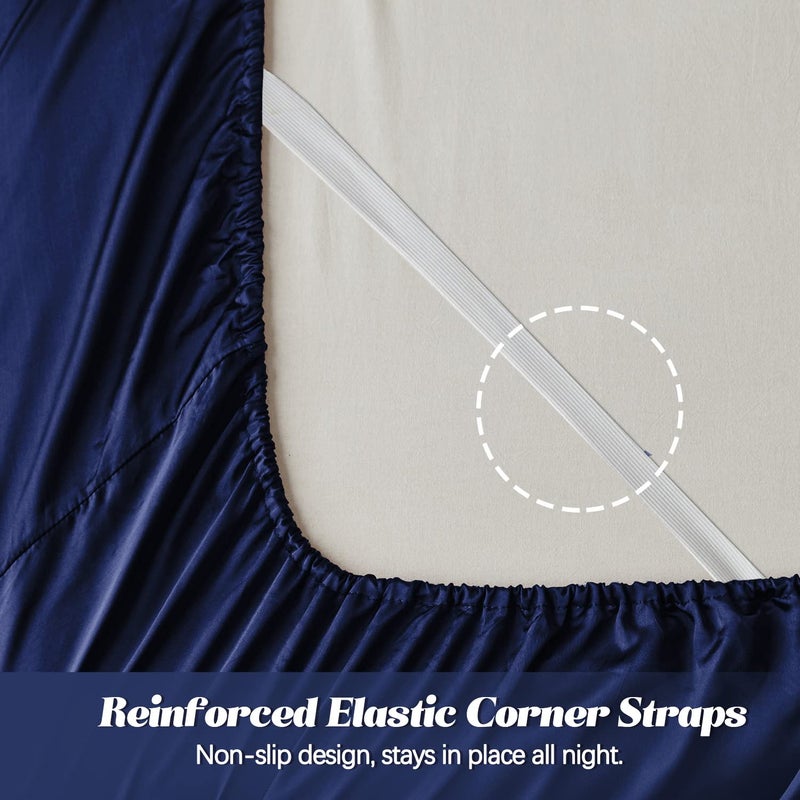 MR&HM MR&HM Satin Fitted Sheet Twin Size  Silky Bottom Sheet with Elastic Corner Straps  Deep Pocket up to 15 Inch  No More Slipping Off for Mattress - 1 Fitted Sheet Only (Navy Blue)  - Image 4