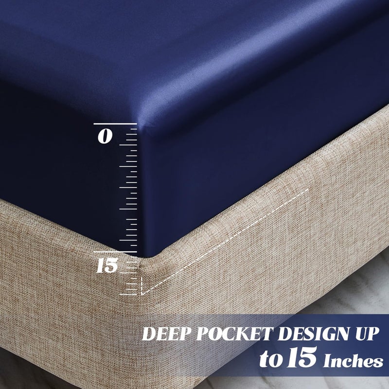 MR&HM MR&HM Satin Fitted Sheet Twin Size  Silky Bottom Sheet with Elastic Corner Straps  Deep Pocket up to 15 Inch  No More Slipping Off for Mattress - 1 Fitted Sheet Only (Navy Blue)  - Image 3