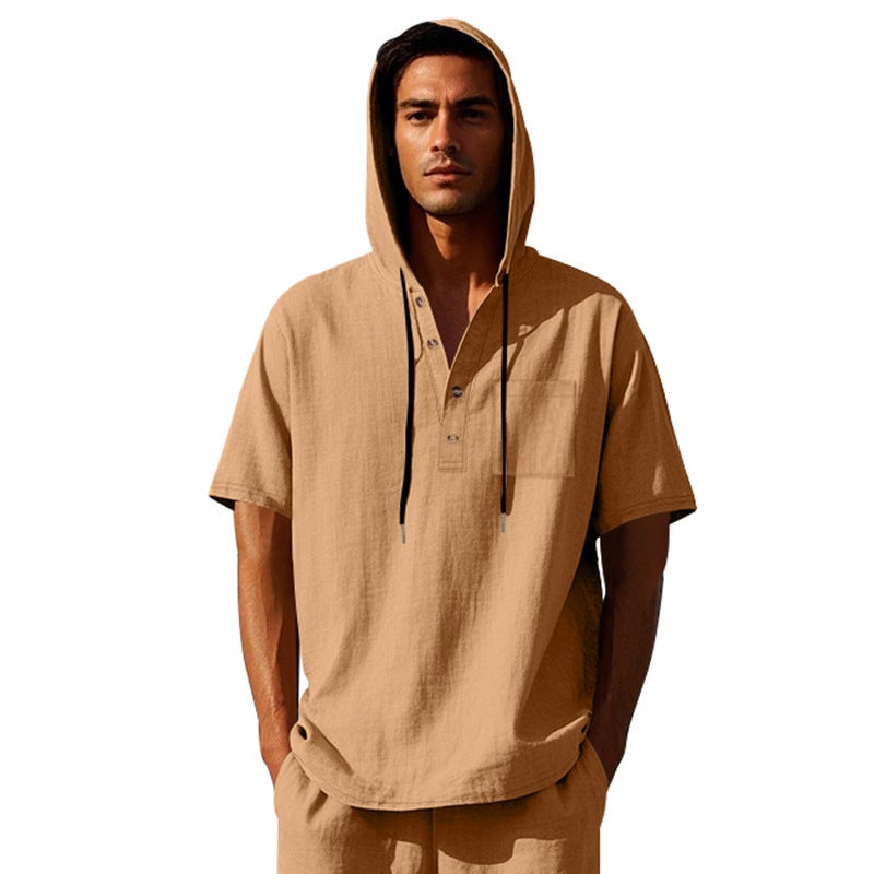 2025 Summer Linen Hooded Men''s Short Sleeve T-Shirt Cross-Border Casual Loose Pullover Henley Shirt - Image 1
