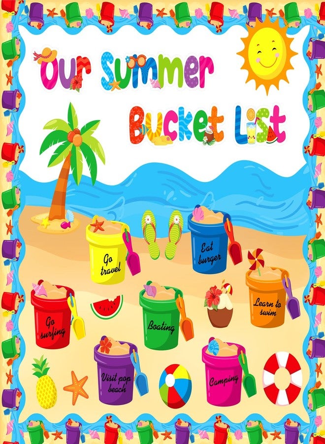 Faccito 57 Pcs Summer Bulletin Board Decorations Set Our Summer Bucket List Classroom Decor Hawaii Sun Beach Bucket Paper Cutouts with Borders for Home School Hawaiian Tropical Party Supplies - Image 1