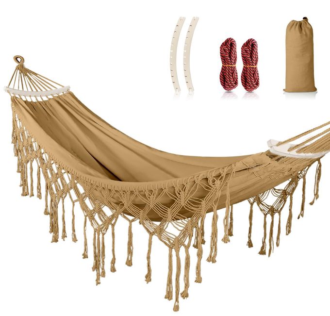 MOSFiATA Backyard Hammock with Tassels Max 500lbs Canvas Fabric Bohemian Style with Thickened Rope and Carry Bag for Outdoor Garden Patio Wedding Decor Khaki