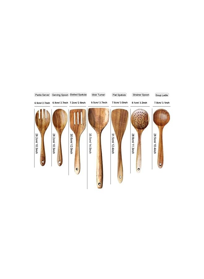 erorex - Arabest Wooden Spoons for Cooking, 7 Pcs Natural Teak Non-stick Pan Wooden Utensils for Cooking, Long Wood Spoon Fried Spatula and Salad Fork, Wooden Kitchen Utensil Set for High Heat Stirring, Baking - Image 1