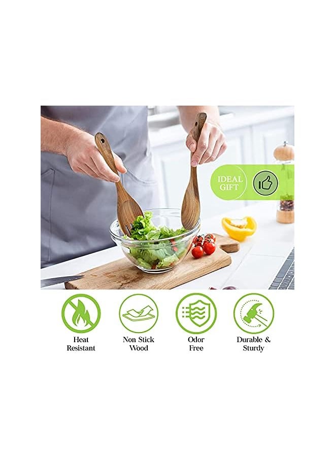erorex - Arabest Wooden Spoons for Cooking, 7 Pcs Natural Teak Non-stick Pan Wooden Utensils for Cooking, Long Wood Spoon Fried Spatula and Salad Fork, Wooden Kitchen Utensil Set for High Heat Stirring, Baking - Image 1
