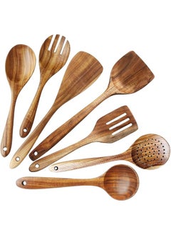 Arabest Wooden Spoons for Cooking, 7 Pcs Natural Teak Non-stick Pan Wooden Utensils for Cooking, Long Wood Spoon Fried Spatula and Salad Fork, Wooden Kitchen Utensil Set for High Heat Stirring, Baking