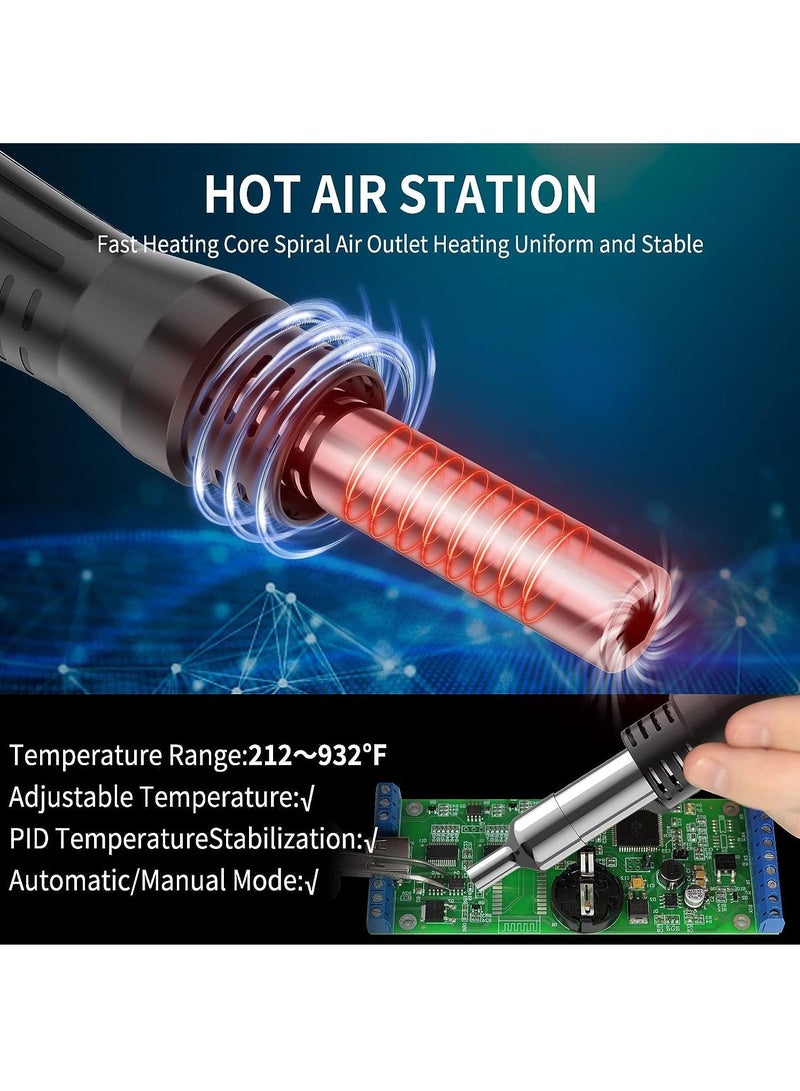 محطة لحام ، 2 في 1 SMD إعادة صياغة الهواء الساخن ومجموعة لحام الحديد مع °f / °C بندقية الهواء الساخن تحويل الهواء البارد / الساخن ، طقم لحام  - Image 3