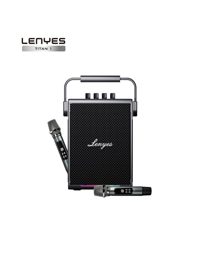 Lenyes Titan 1 Bluetooth Party Speaker | 180W Peak | 2 Wireless UHF Mics | RGB Lights | TWS Stereo | IPX6 Waterproof | 5000mAh Battery | AUX/USB/TF/OTG | Lenyes Audio App Support - Image 1