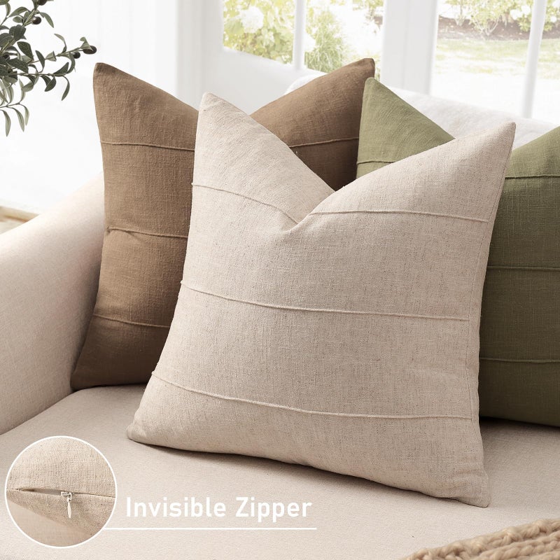 ZWJD Decorative Linen Throw Pillow Covers 20x20 Set of 2 Solid handcrafted Striped Cushion Covers for Bed Soft Modern Farmhouse Neutral Pillowcase for Couch Bedroom Living Room Home Decor(Natural Beige) - Image 2
