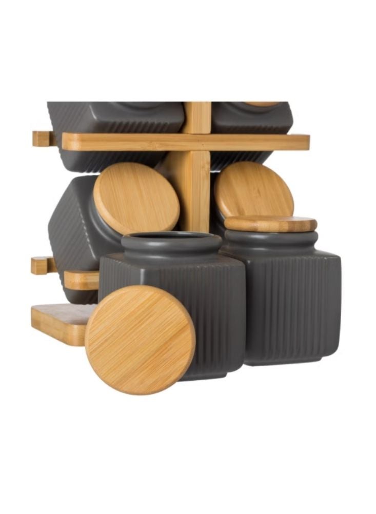 Premium Wooden Spice Rack Set with 6 Grey Ceramic Jars and Bamboo Lids - Image 3