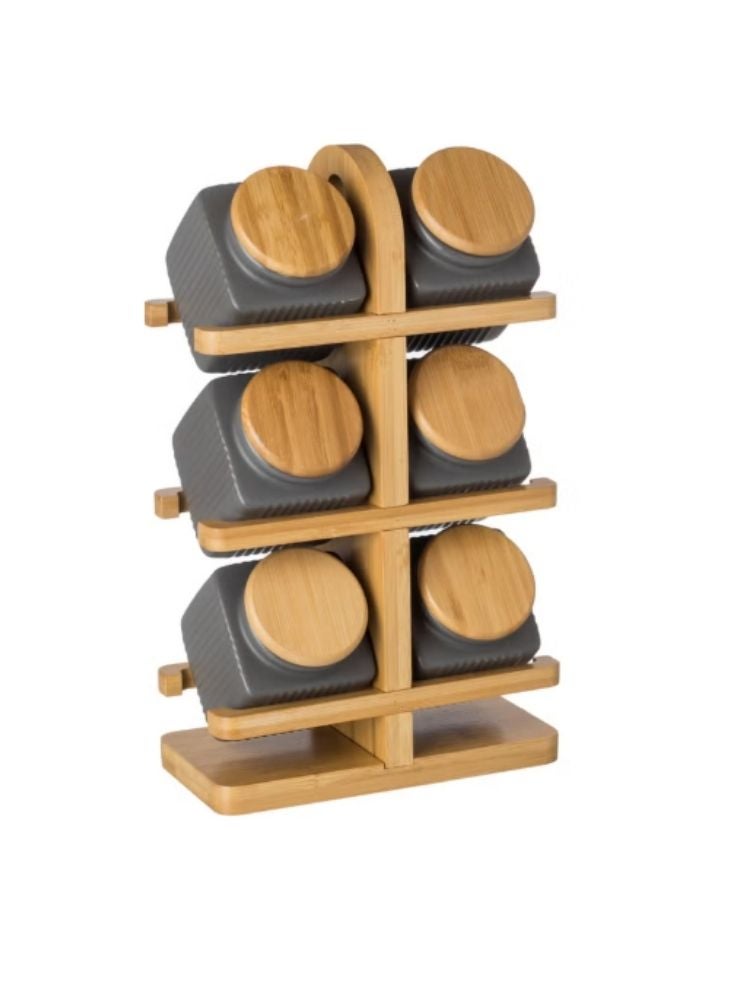 Premium Wooden Spice Rack Set with 6 Grey Ceramic Jars and Bamboo Lids - Image 1