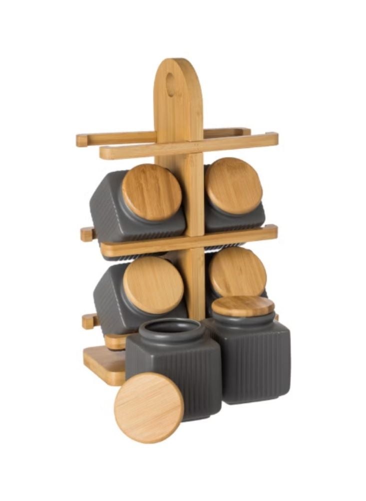 Premium Wooden Spice Rack Set with 6 Grey Ceramic Jars and Bamboo Lids - Image 2
