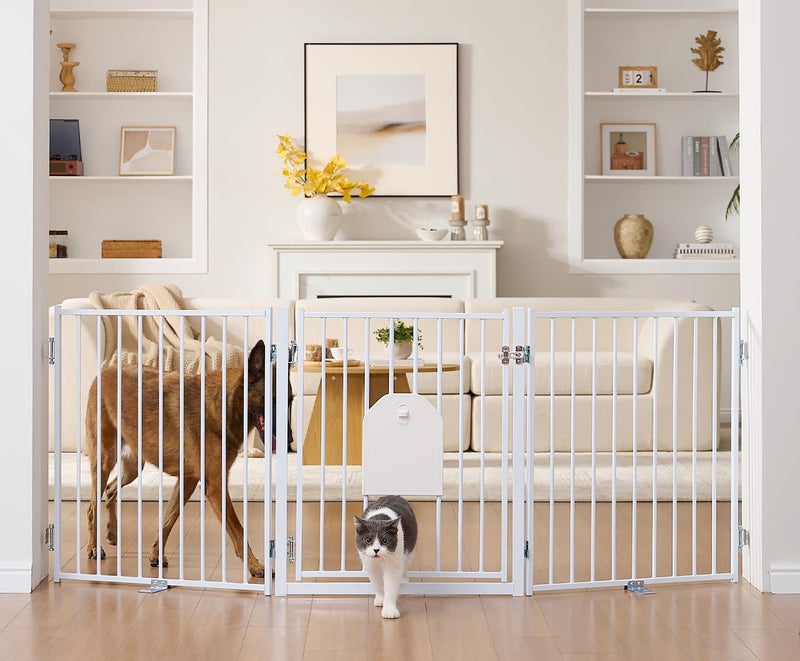 No Pawblems Free Standing Dog Gate with Cat Door, 30'' Tall Foldable Dog Fence for Indoor & Outdoor, Up to 78 Inch Extra Wide Puppy Gate for Stairs, Hallways, Doorways, Deck, Yard (White, 3 Panels) - Image 1