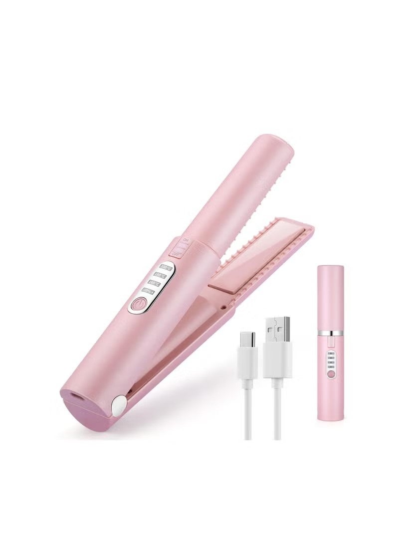AirYoung Cordless Mini Hair Straightener, Wireless Portable Flat Iron for Hair, 2 In 1 Portable Flat Iron and Curling Iron, USB-C Rechargeable Flat Iron with 4800mA Battery, Adjustable Temperature, Pink - Image 1
