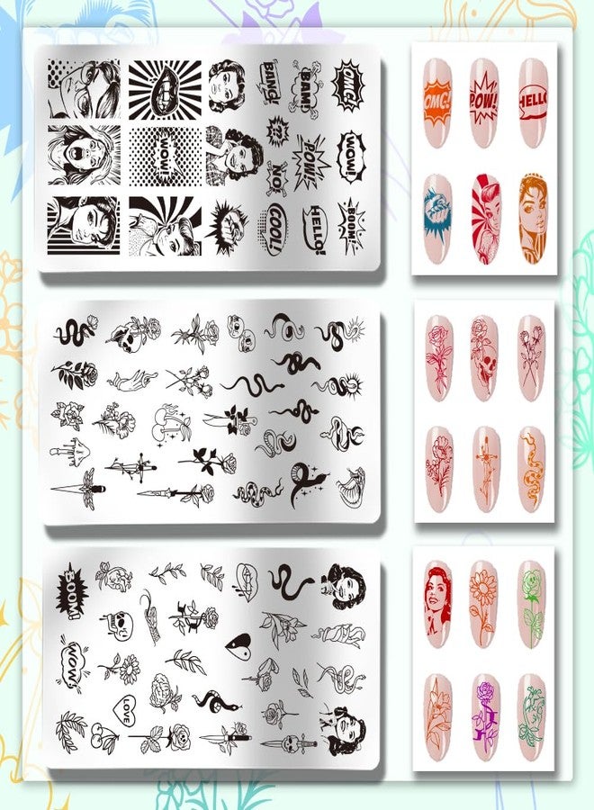 PH PandaHall 3 قطع لوحات طباعة الأظافر النص الكوميدي، صورة ثعبان الورد الجمجمة الرجعية، أدوات طباعة الأظافر، لوحات صور الأظافر من الفولاذ المقاوم للصدأ لتصميم فن الأظافر في صالون المانيكير - Image 3