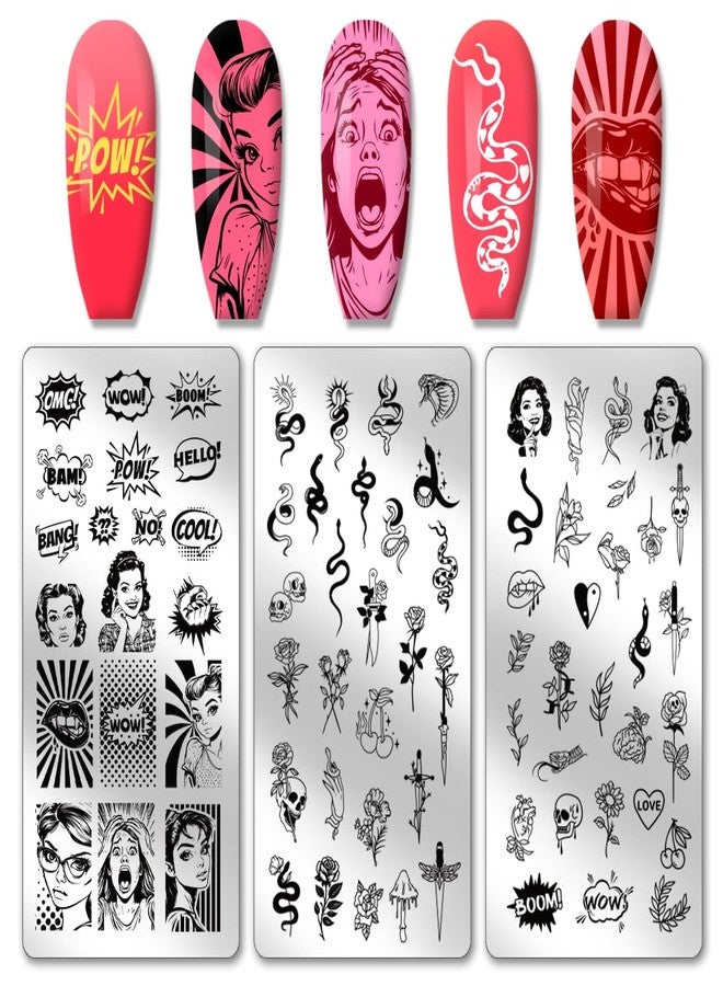 PH PandaHall 3 قطع لوحات طباعة الأظافر النص الكوميدي، صورة ثعبان الورد الجمجمة الرجعية، أدوات طباعة الأظافر، لوحات صور الأظافر من الفولاذ المقاوم للصدأ لتصميم فن الأظافر في صالون المانيكير - Image 1