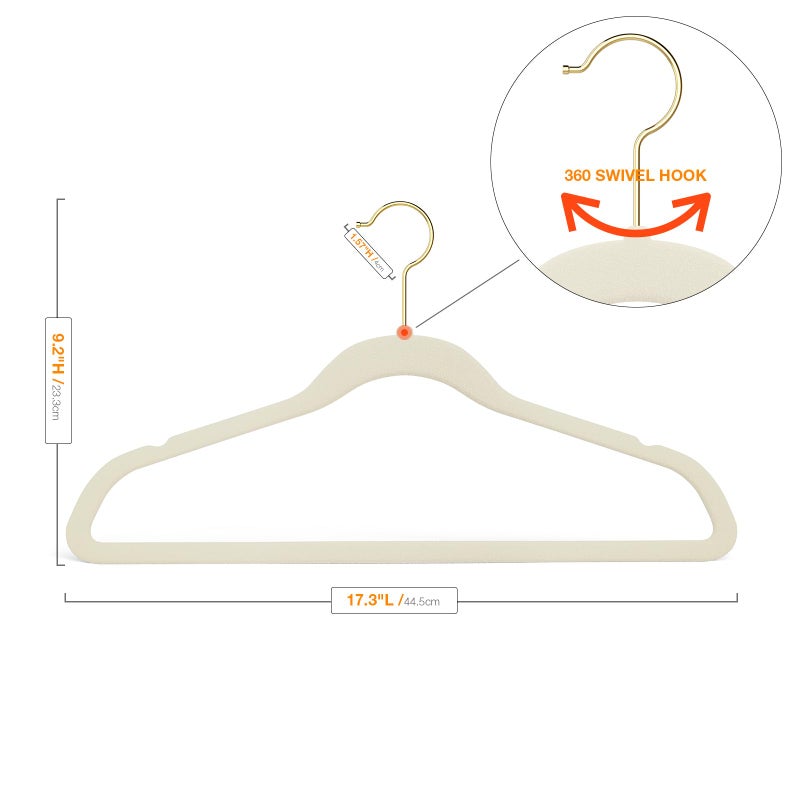 Korpai 50 Pack Beige Velvet Hangers,Coat Hanger Non Slip,Heavy-Duty,Space Saving,Slim Clothes Hangers for Pants,Outfit,Skirts,Suits,Coats,Dresses ect.Felt Hangers with Gold 360Â°Swivel Hook - Image 2