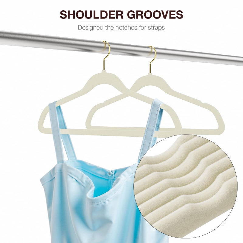 Korpai 50 Pack Beige Velvet Hangers,Coat Hanger Non Slip,Heavy-Duty,Space Saving,Slim Clothes Hangers for Pants,Outfit,Skirts,Suits,Coats,Dresses ect.Felt Hangers with Gold 360Â°Swivel Hook - Image 4