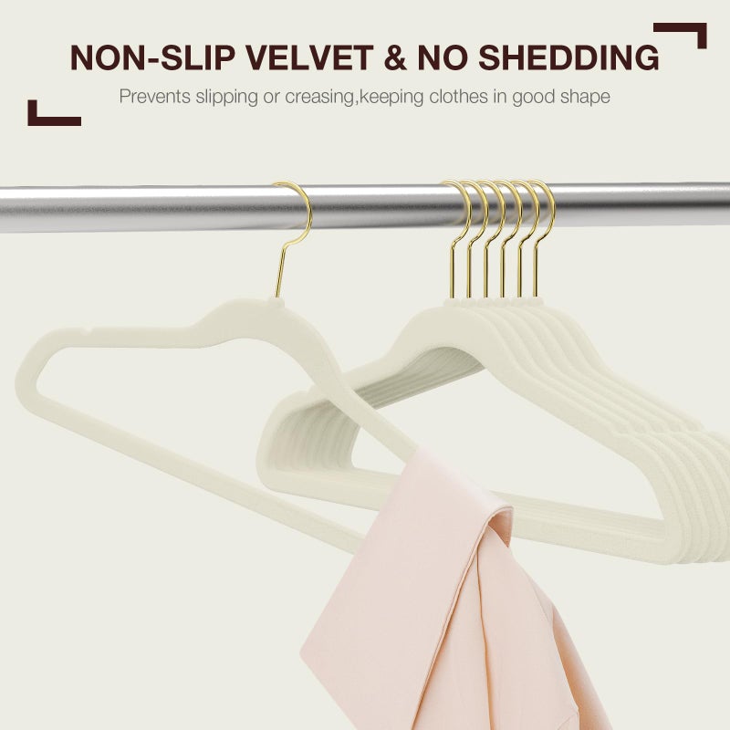 Korpai 50 Pack Beige Velvet Hangers,Coat Hanger Non Slip,Heavy-Duty,Space Saving,Slim Clothes Hangers for Pants,Outfit,Skirts,Suits,Coats,Dresses ect.Felt Hangers with Gold 360Â°Swivel Hook - Image 3