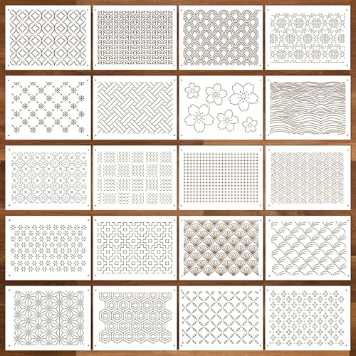 Sel Natural 20 Pcs Plastic Sashiko Stencil 8.3 x 5.9 Inch Sashiko Template Drawing Line Quilting Stencil Geometric Embroidery Pattern Stabilizers for Sewing Hand Quilting and Embroidery - Image 1
