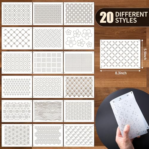 Sel Natural 20 Pcs Plastic Sashiko Stencil 8.3 x 5.9 Inch Sashiko Template Drawing Line Quilting Stencil Geometric Embroidery Pattern Stabilizers for Sewing Hand Quilting and Embroidery - Image 2