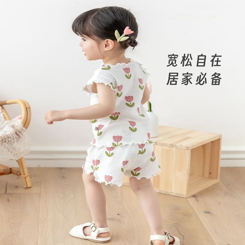 Girls Pajamas Summer Lightweight Printed Dolly Childrens Short-sleeved Shorts Home Clothes Baby Girls Thin Breathable Air-conditioning Clothes White background flower [suit]] 