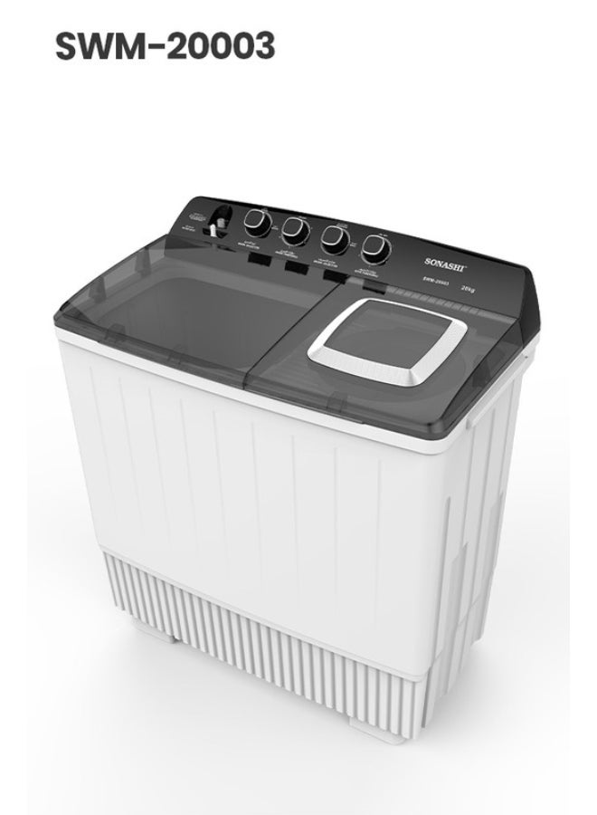 20kg Semi-Automatic Washing Machine - Heavy Duty 550W Wash Power, 12kg Spin with Dry Turbo Function, Transparent Cover, Single Layer Tub, Dual Water Inlet Selector, IPX4 Rated, 220-240V SWM-20003 20 kg 550 W SWM-20003 white