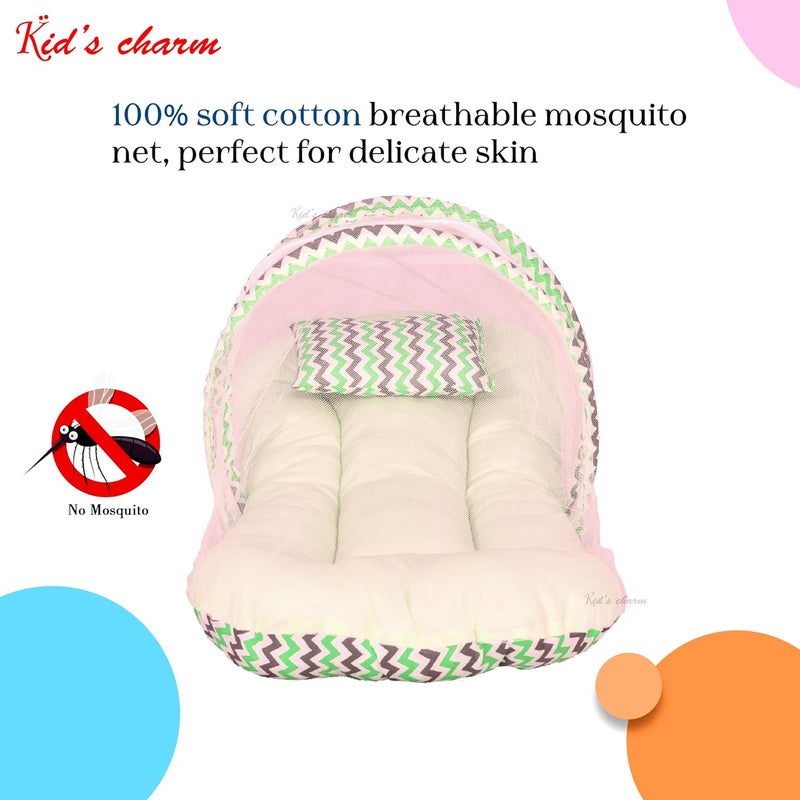 Kid's Charm Kids Charm MegaZigzag Baby Bed with Thick Mattress Mosquito Net with Zip Closure Neck Pillow Baby Bedding for New Born Zigzag Print Baby Sleeping Bed for 4 to 8 Months Babies Green - Image 5