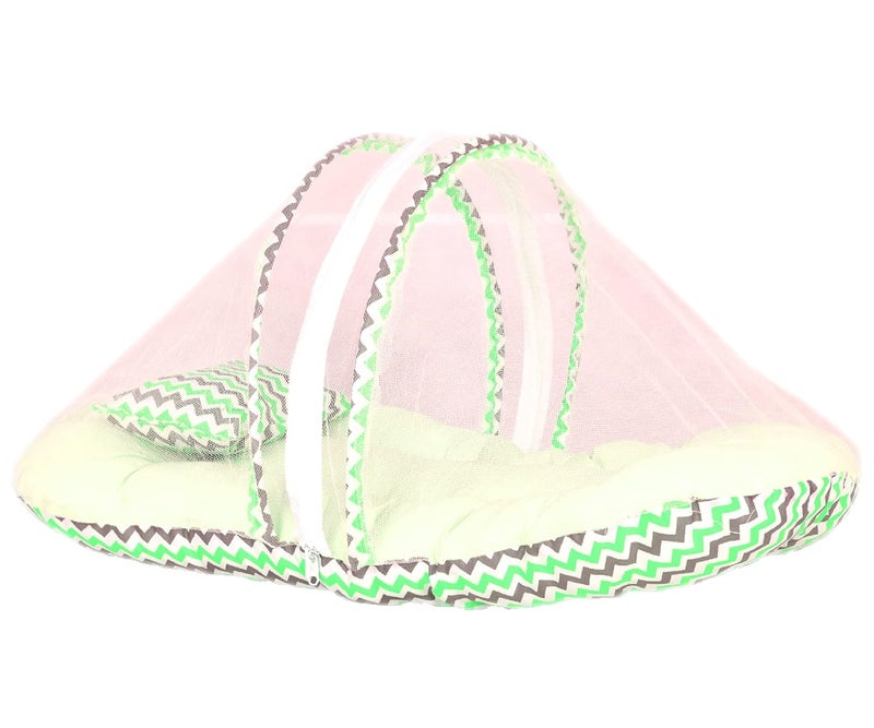 Kid's Charm Kids Charm MegaZigzag Baby Bed with Thick Mattress Mosquito Net with Zip Closure Neck Pillow Baby Bedding for New Born Zigzag Print Baby Sleeping Bed for 4 to 8 Months Babies Green - Image 1