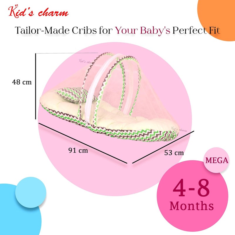 Kid's Charm Kids Charm MegaZigzag Baby Bed with Thick Mattress Mosquito Net with Zip Closure Neck Pillow Baby Bedding for New Born Zigzag Print Baby Sleeping Bed for 4 to 8 Months Babies Green - Image 2