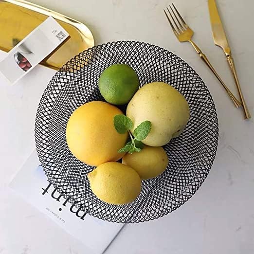 GOLKIPAR(LABEL) Black Metal Mesh Wire Round Fruit Basket, Large Storage Baskets for Bread Fruit Snacks Candy Households Items, Decorative Fashion Fruit Bowl for Living Room Kitchen Countertop - Image 1