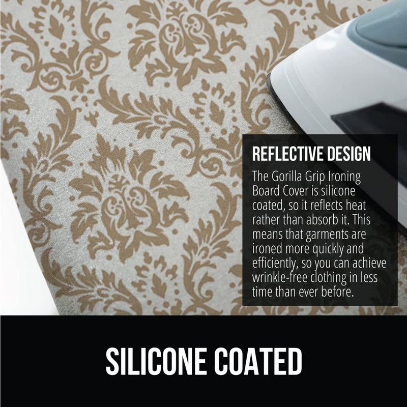 Gorilla Grip The Original GORILLA GRIP Ironing Board Cover and Pad, Silicone Coating, Thick Scorch Resistant Padding, Heavy Duty Iron Covers Standard Boards, Hook and Loop Fastener Strap, Damask, 15x54 - Image 4