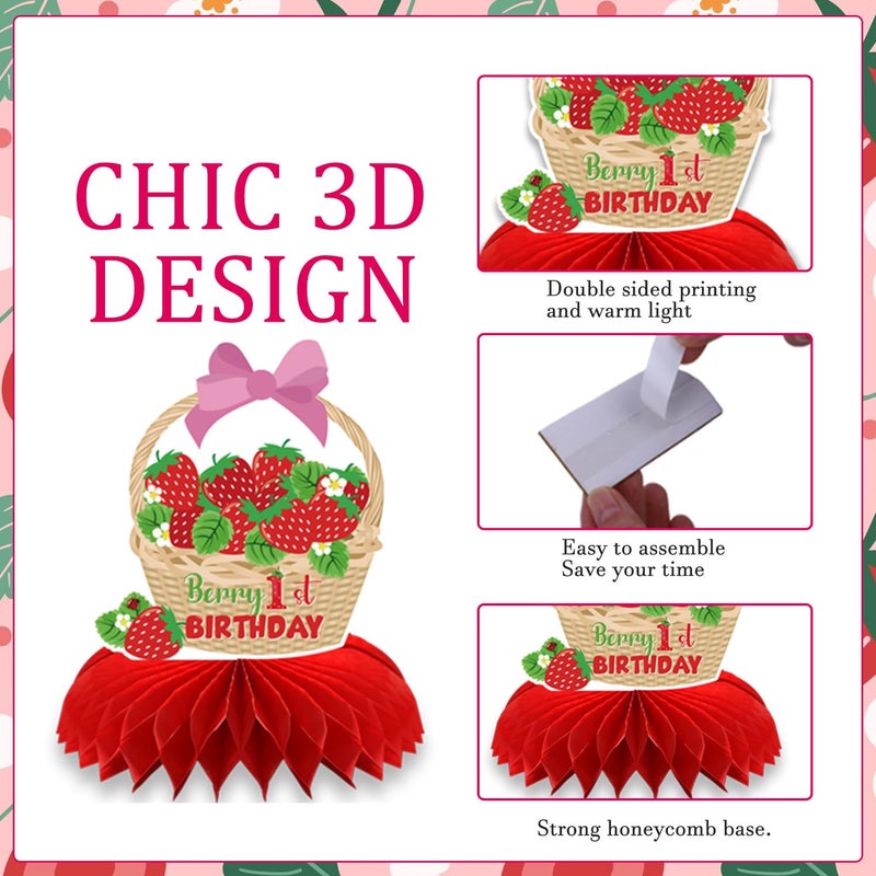 Refavor Berry First Birthday Decor - 9PCS Sweet One Birthday Party Decorations Cute Strawberry 1st Birthday Decorations Berry First Birthday Party Table Centerpiece Decor Supplies Baby Girls - Image 3