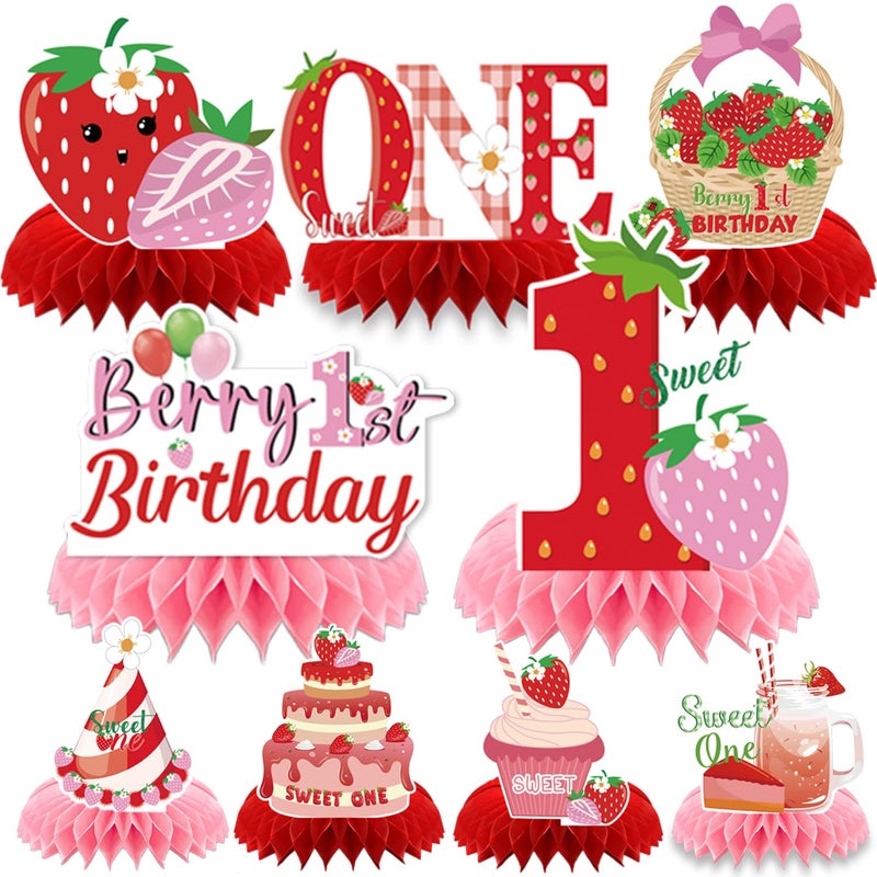 Refavor Berry First Birthday Decor - 9PCS Sweet One Birthday Party Decorations Cute Strawberry 1st Birthday Decorations Berry First Birthday Party Table Centerpiece Decor Supplies Baby Girls - Image 1
