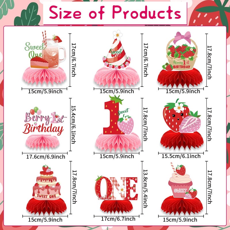 Refavor Berry First Birthday Decor - 9PCS Sweet One Birthday Party Decorations Cute Strawberry 1st Birthday Decorations Berry First Birthday Party Table Centerpiece Decor Supplies Baby Girls - Image 2