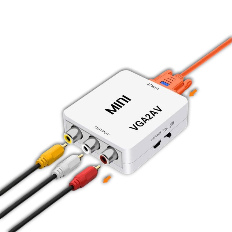 VGA to AV Converter – VGA to RCA Composite Video Adapter with Audio Support – Mini VGA2AV 1080p Converter – USB Powered, Plug & Play – White (AUX Cable Not Included) (VGA2AV) - Image 1