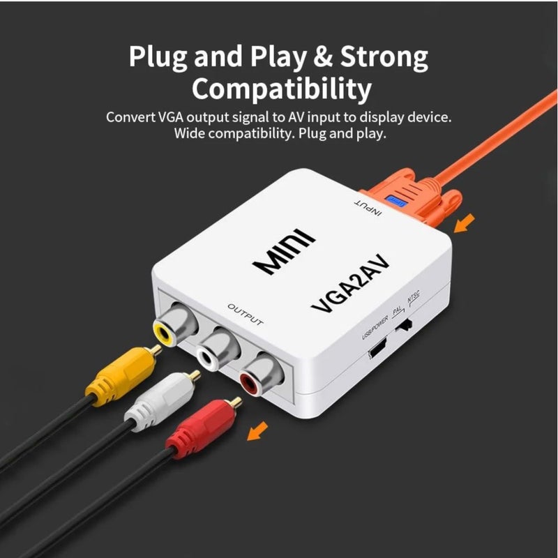VGA to AV Converter – VGA to RCA Composite Video Adapter with Audio Support – Mini VGA2AV 1080p Converter – USB Powered, Plug & Play – White (AUX Cable Not Included) (VGA2AV) - Image 3