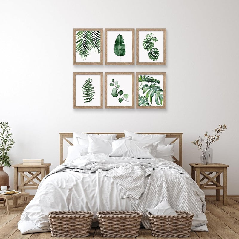 HoozGee Framed Botanical Wall Art Prints Set of 6 - Tropical Leaves Canvas With Frame, Plant Leaf Boho Pictures, Green Art Posters for Bedroom (Leaf Wall Art, 8"x10" Framed) - Image 2