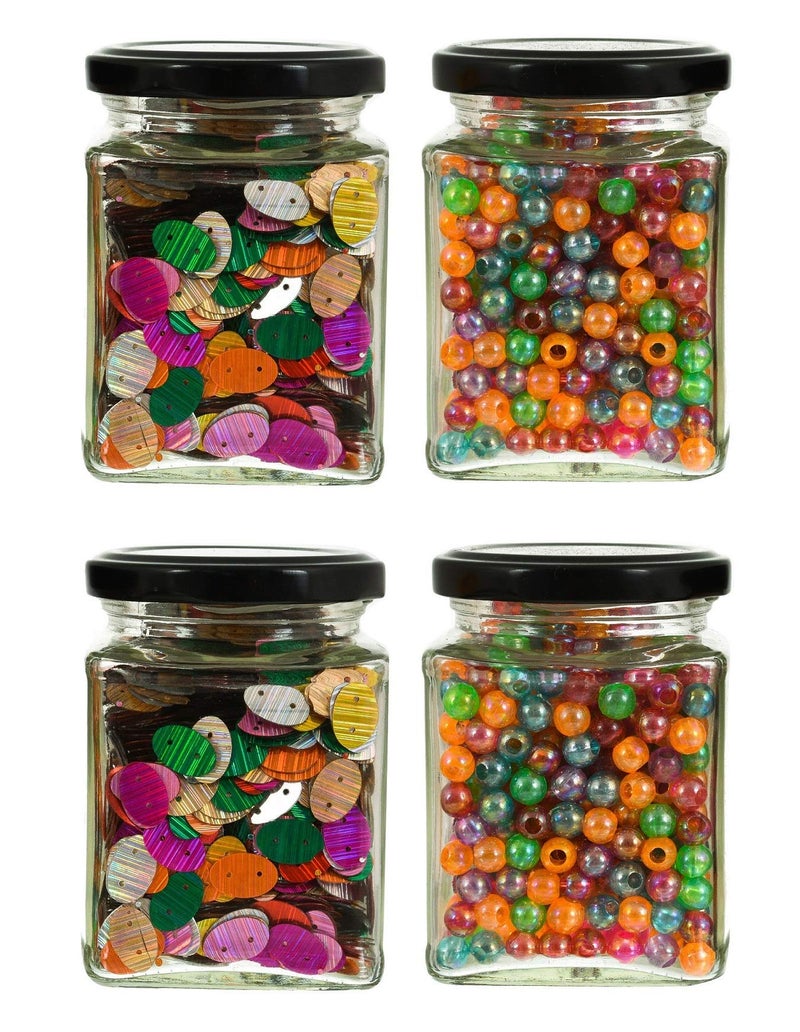 Machak Square Glass Jar 250 ml With Airtight Lid For Kitchen Storage, Black (4 Pieces) - Image 1