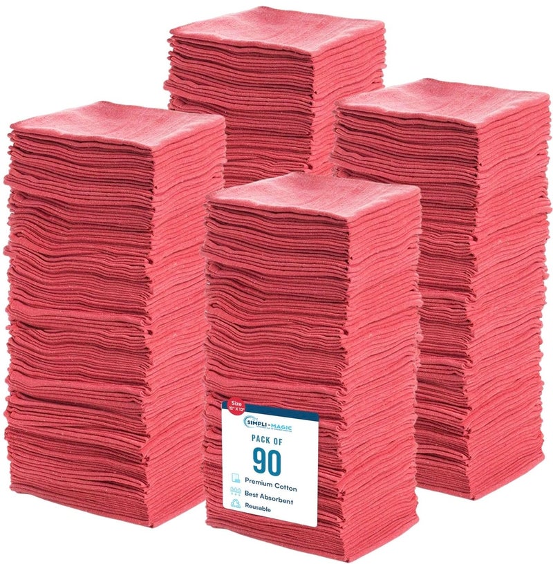 SIMPLI-MAGIC Cotton Shop Towels 14"x12" (90 Pack) â€“ Reusable Cleaning Shop Rags for Automobiles, Industries, Garage and Homes (Red) - Image 1