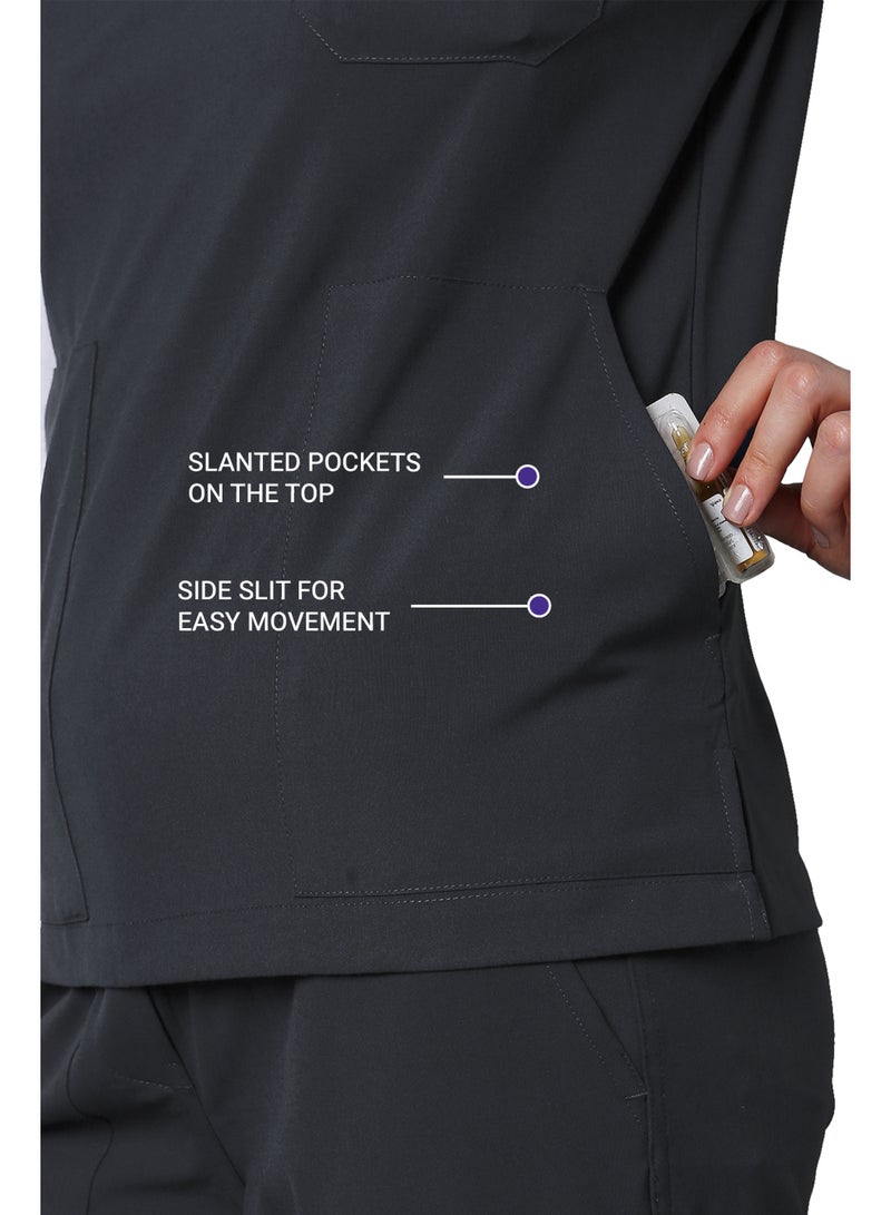 KNYA بدلة طبية نسائية من KNYA Ecoflex | 5 جيوب | قابلة للتمدد في أربعة اتجاهات | ملابس رياضية أنيقة للعمل | للأطباء (مقاس 2XL، رمادي فولاذي) - Image 3