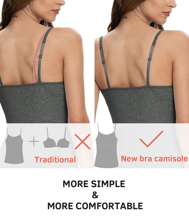 Vislivin Womens Cotton Camisole Adjustable Strap Tank Tops with Shelf Bra Stretch Undershirts 3 Pack Black/Dark Gray/ArmyGreen L - Image 4