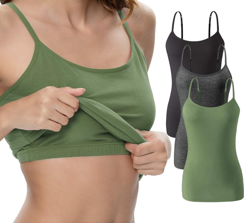 Vislivin Womens Cotton Camisole Adjustable Strap Tank Tops with Shelf Bra Stretch Undershirts 3 Pack Black/Dark Gray/ArmyGreen L - Image 1
