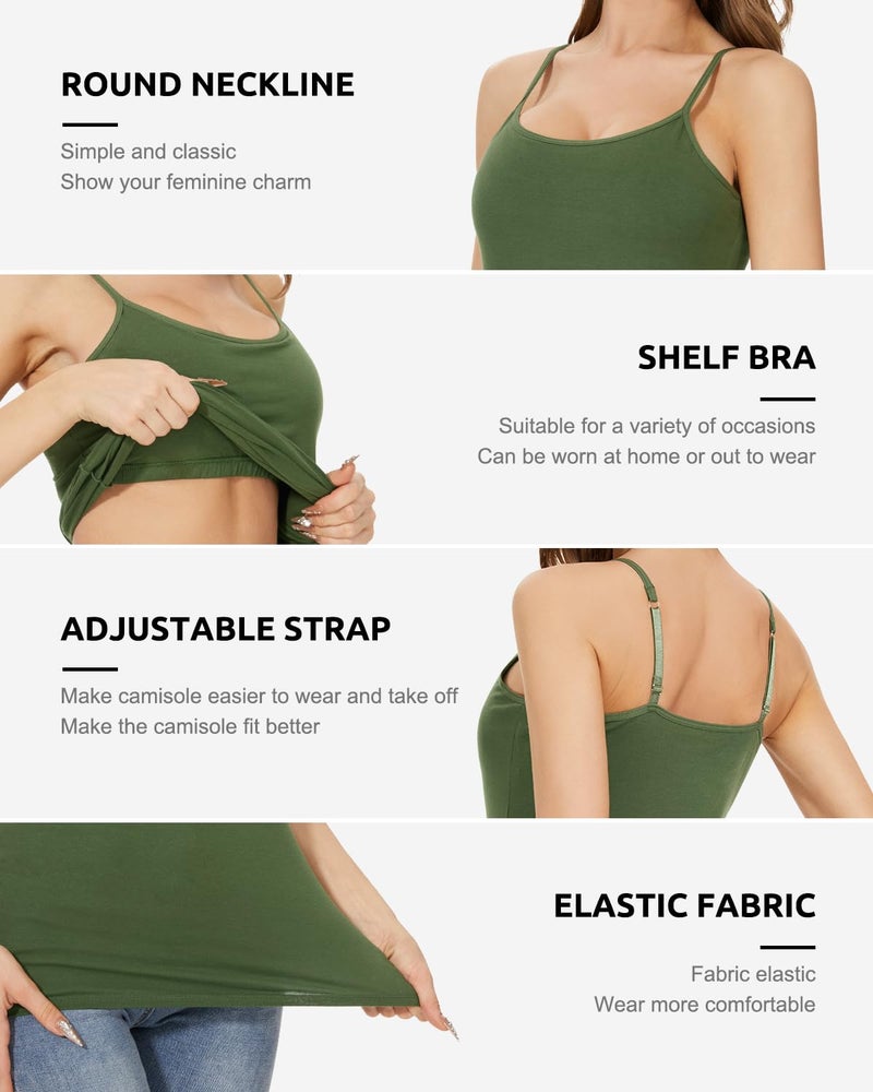 Vislivin Womens Cotton Camisole Adjustable Strap Tank Tops with Shelf Bra Stretch Undershirts 3 Pack Black/Dark Gray/ArmyGreen L - Image 3