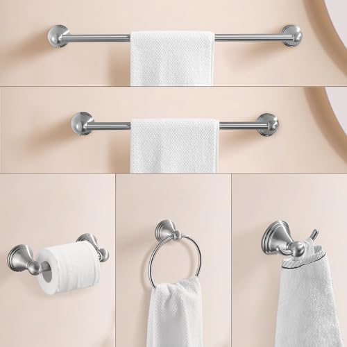 Sagetta Nickel Bathroom Hardware Set, 5-Piece Bath Accessories Set Wall Mount Includes 20 in Towel Bar, 16 in Towel Bar, Towel Ring, TP Holder, Towel Hook Brushed Nickel - Image 2