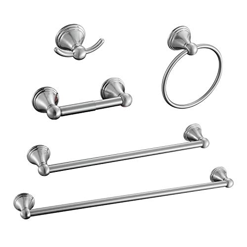 Sagetta Nickel Bathroom Hardware Set, 5-Piece Bath Accessories Set Wall Mount Includes 20 in Towel Bar, 16 in Towel Bar, Towel Ring, TP Holder, Towel Hook Brushed Nickel - Image 1